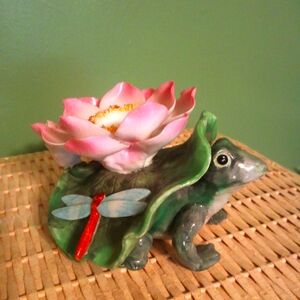 Cosmo Fine porcelain frog, dragon fly and pink water lily.